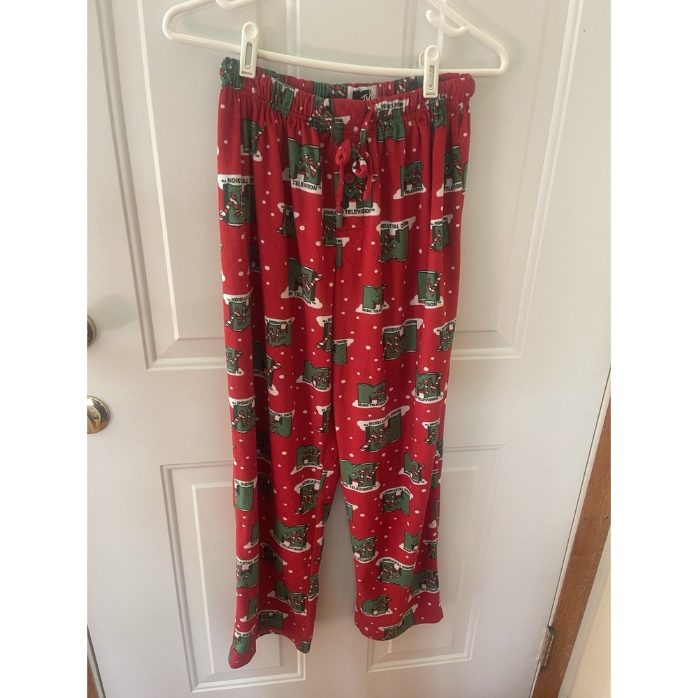MTV Holiday Fleece Pajama Pants – Red Christmas Logo Print – Size Small‎
